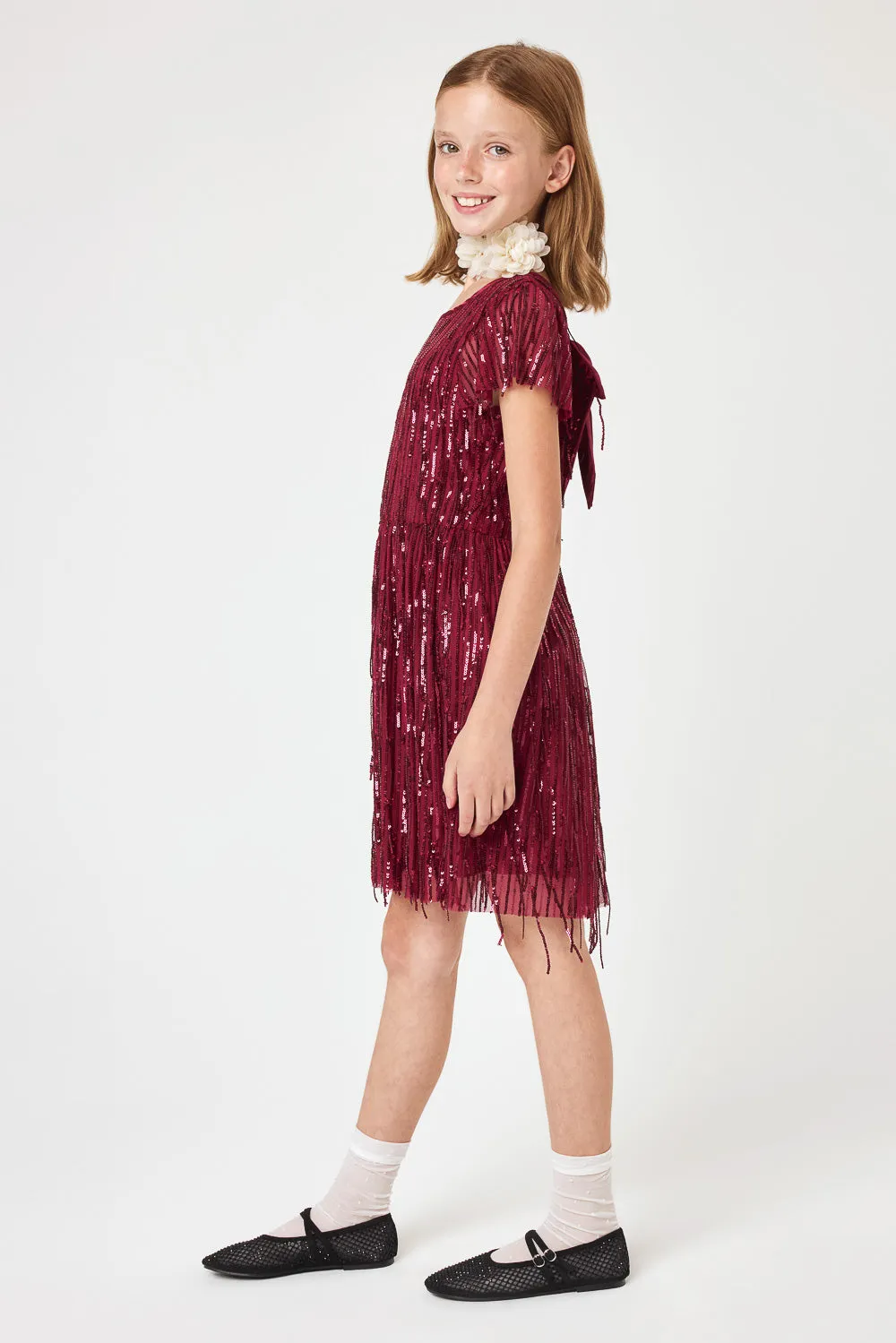 Kids Burgundy Dangle Sequin Dress