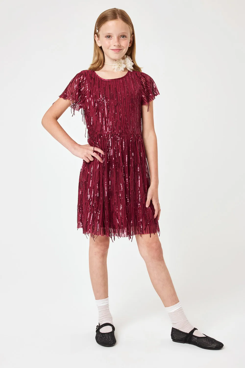 Kids Burgundy Dangle Sequin Dress