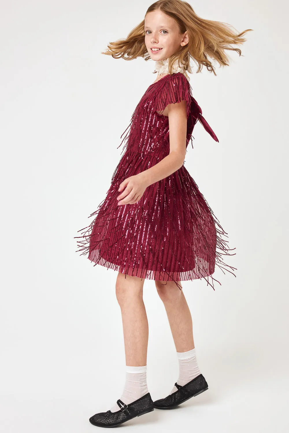 Kids Burgundy Dangle Sequin Dress