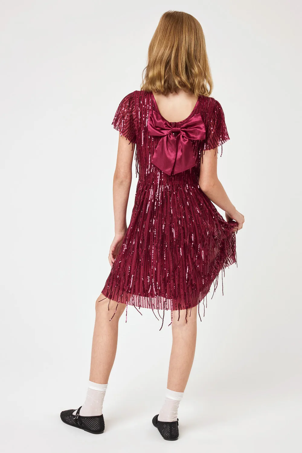 Kids Burgundy Dangle Sequin Dress