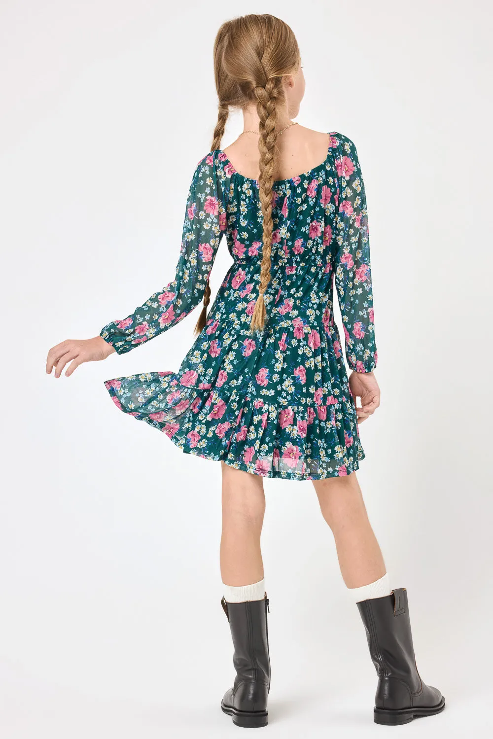 Kids Green Floral Long Sleeve Dress