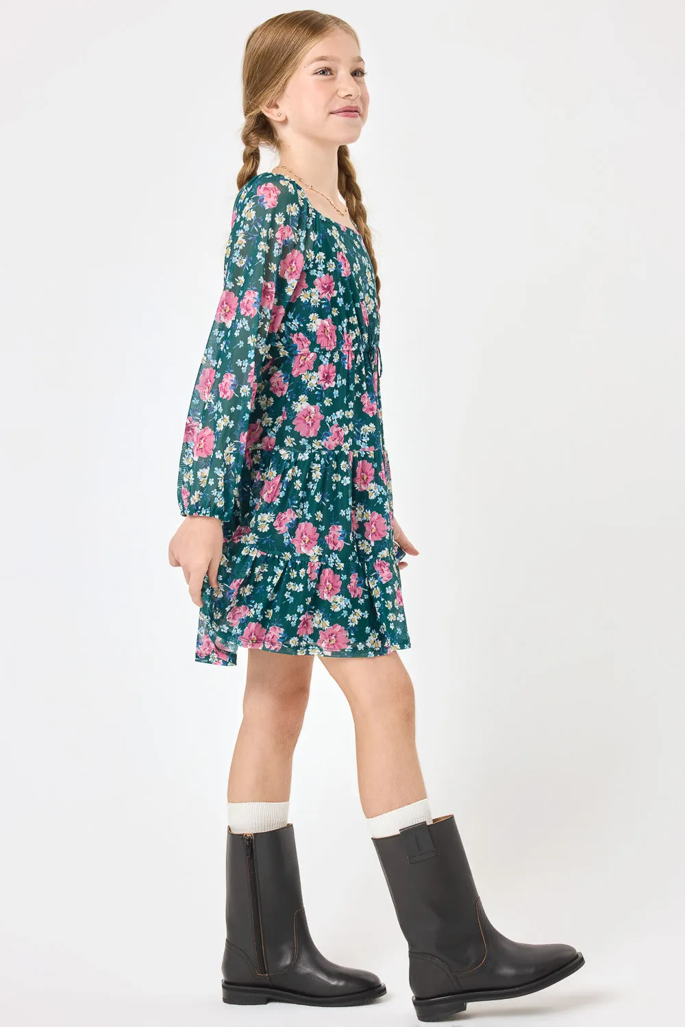 Kids Green Floral Long Sleeve Dress