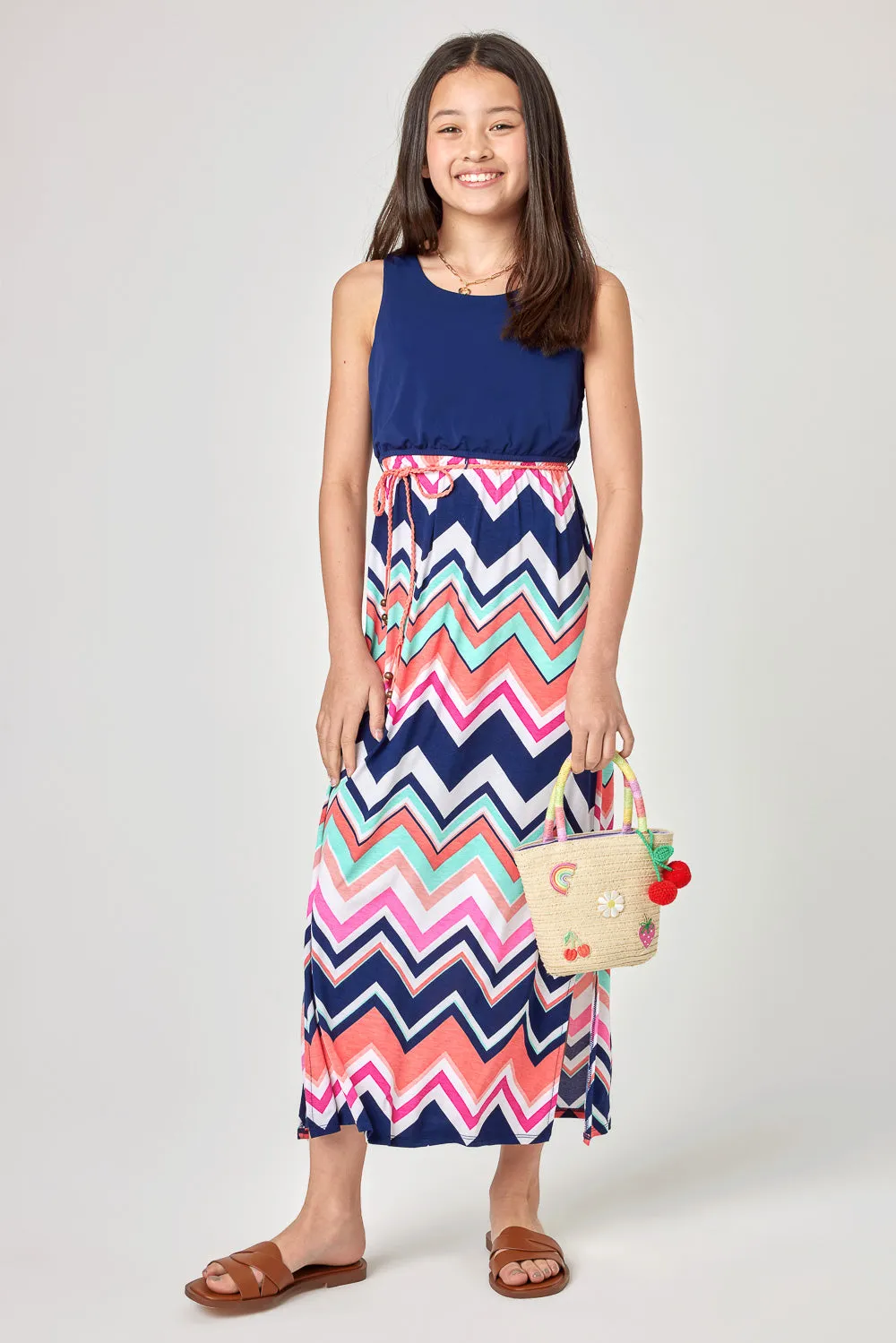 Kids Navy Coral Zigzag Maxi Dress