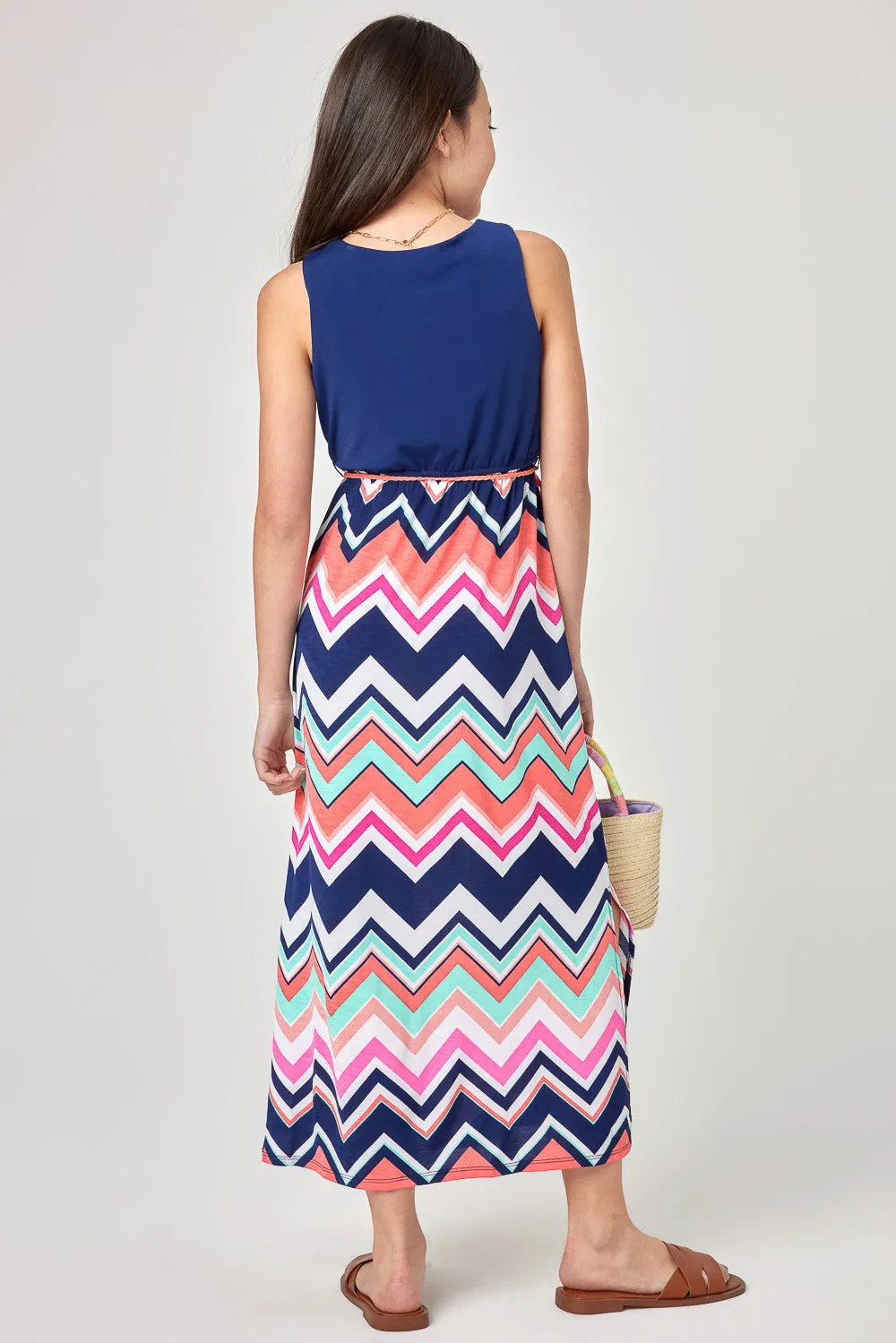 Kids Navy Coral Zigzag Maxi Dress