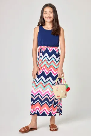 Kids Navy Coral Zigzag Maxi Dress