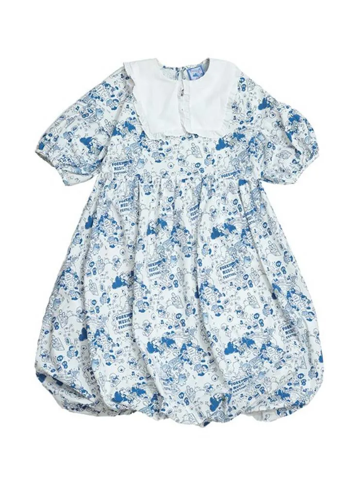Lace Collar Cartoon Print Lantern Skirt Dress【s0000007746】