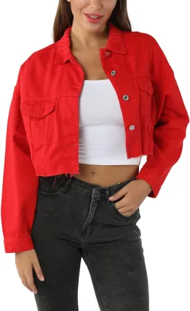 Locachy Women's Cropped Ripped Distressed Denim Jacket Casual Button Down Loose Jeans Coat Fringe with Frayed Hem