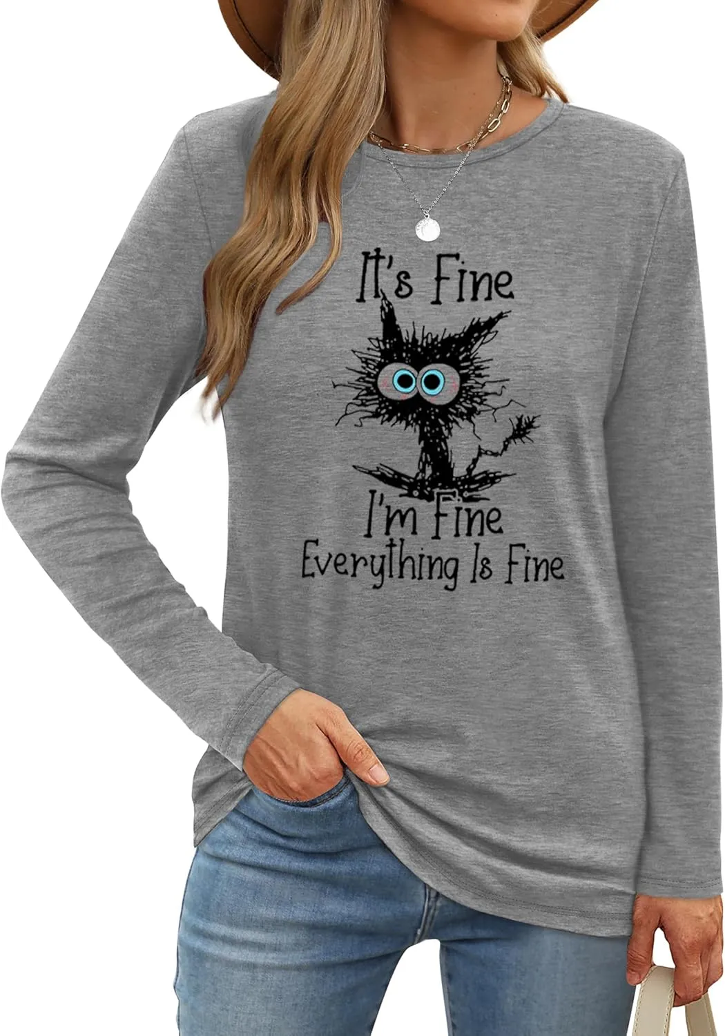 Long Sleeve T Shirts for Women Cute Cat Graphic Tees Im Fine Everything is Fine Tops Fall Crewneck Blouse Casual Outfits