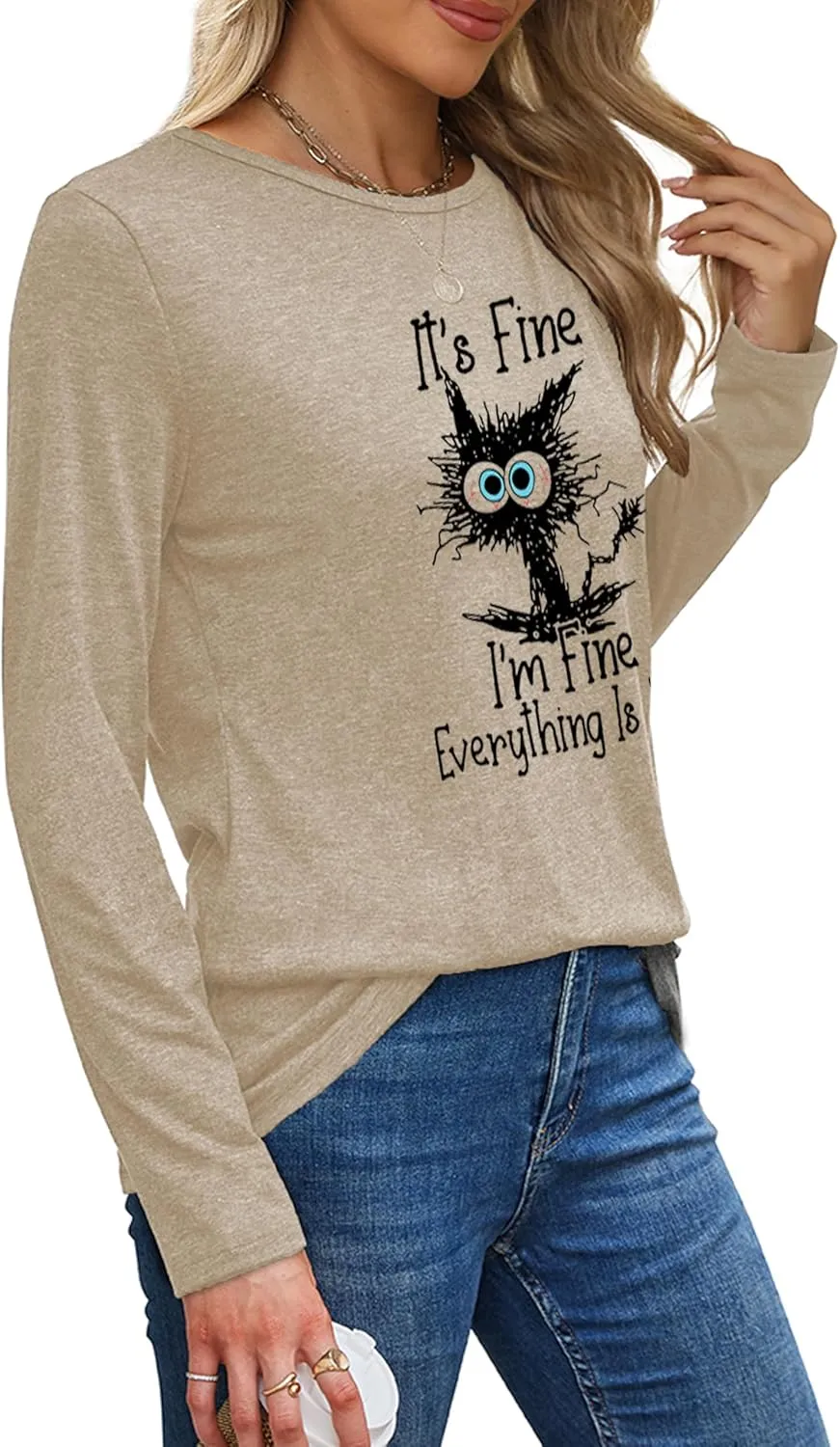 Long Sleeve T Shirts for Women Cute Cat Graphic Tees Im Fine Everything is Fine Tops Fall Crewneck Blouse Casual Outfits
