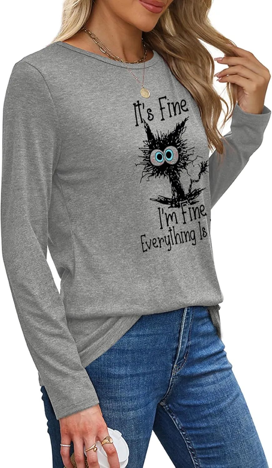 Long Sleeve T Shirts for Women Cute Cat Graphic Tees Im Fine Everything is Fine Tops Fall Crewneck Blouse Casual Outfits