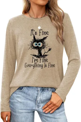 Long Sleeve T Shirts for Women Cute Cat Graphic Tees Im Fine Everything is Fine Tops Fall Crewneck Blouse Casual Outfits