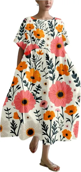 MARSVOVO 2024 Summer Boho Floral Dresses Vintage Plus Size Crew Neck Casual Short Sleeve Loose Flowy Maxi Dress Women