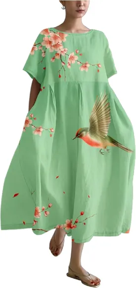 MARSVOVO 2024 Summer Boho Floral Dresses Vintage Plus Size Crew Neck Casual Short Sleeve Loose Flowy Maxi Dress Women