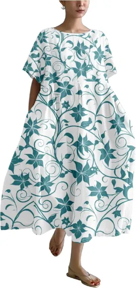 MARSVOVO 2024 Summer Boho Floral Dresses Vintage Plus Size Crew Neck Casual Short Sleeve Loose Flowy Maxi Dress Women