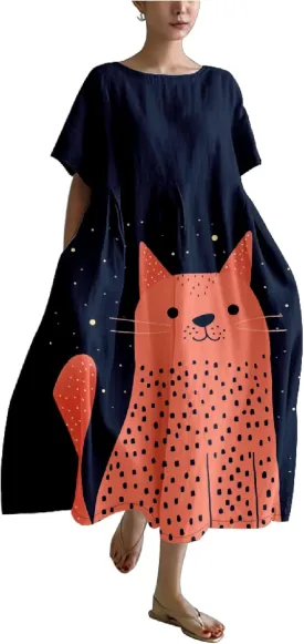 MARSVOVO Summer Dress for Women Funny Cat Graphic Cute Short Sleeve Maxi Dress Causal Plus Size Party Dress for Women