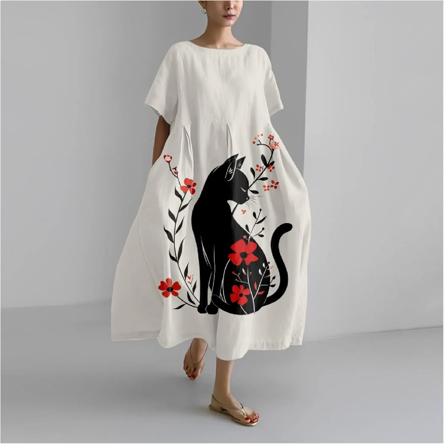 MARSVOVO Summer Dress for Women Funny Cat Graphic Cute Short Sleeve Maxi Dress Causal Plus Size Party Dress for Women
