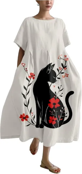 MARSVOVO Summer Dress for Women Funny Cat Graphic Cute Short Sleeve Maxi Dress Causal Plus Size Party Dress for Women
