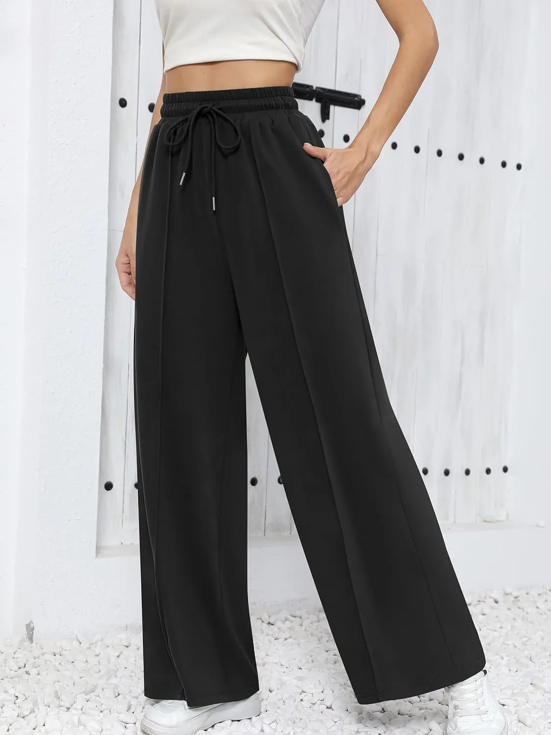Missufe Women's Elastic High Waist Wide Leg Loose Casual Pants Joggers Workout Lounge Sweatpants with Pockets