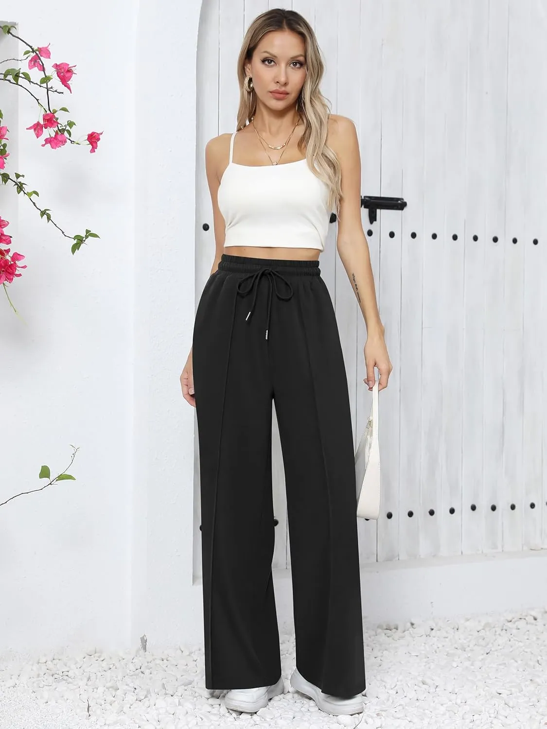 Missufe Women's Elastic High Waist Wide Leg Loose Casual Pants Joggers Workout Lounge Sweatpants with Pockets
