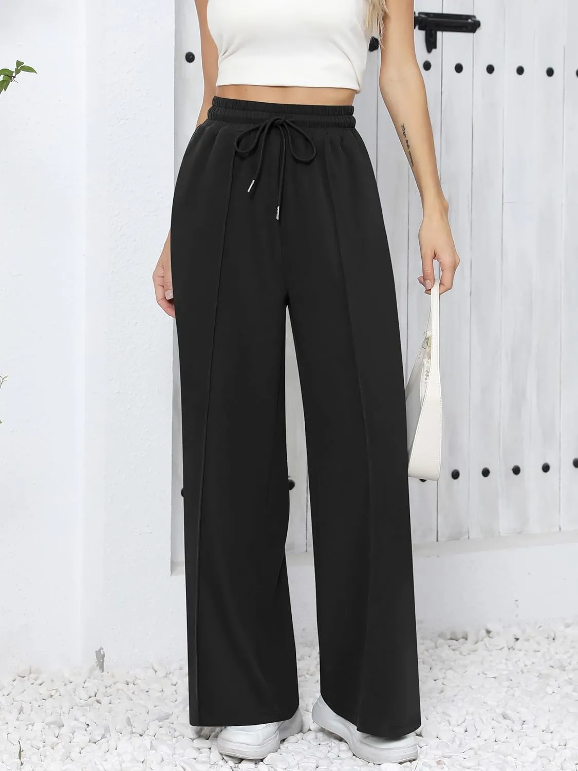 Missufe Women's Elastic High Waist Wide Leg Loose Casual Pants Joggers Workout Lounge Sweatpants with Pockets