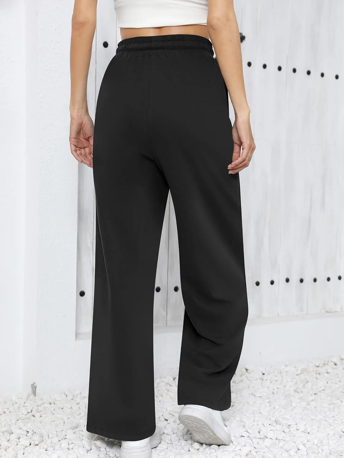 Missufe Women's Elastic High Waist Wide Leg Loose Casual Pants Joggers Workout Lounge Sweatpants with Pockets