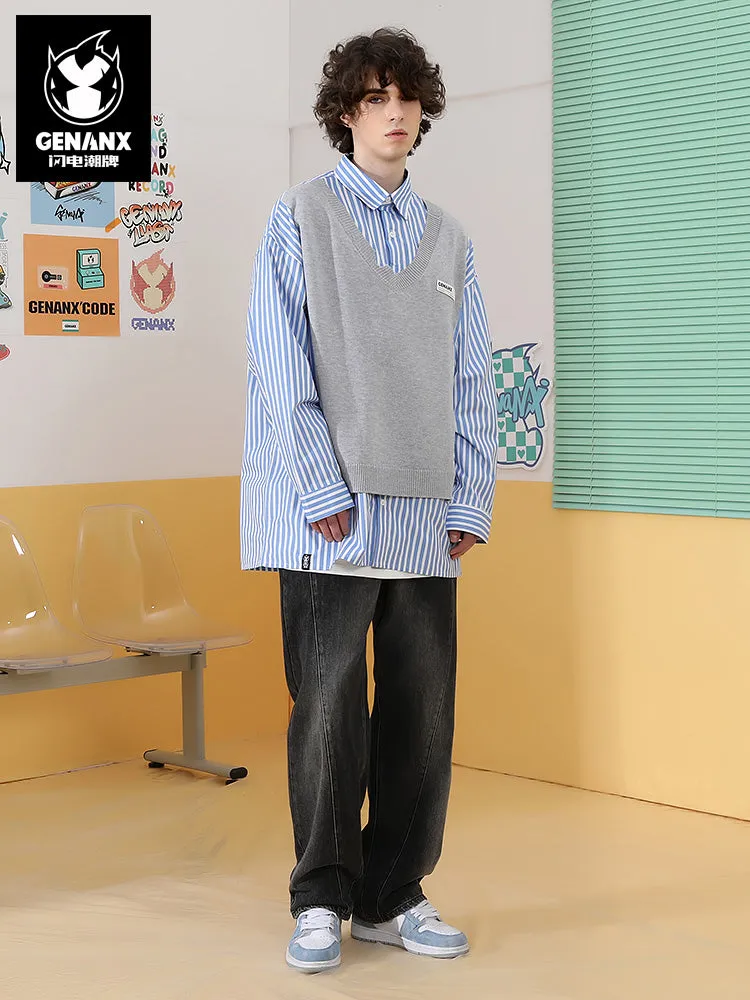 Mixed color blue and white striped ripped thread with printed sweater applique shirt
