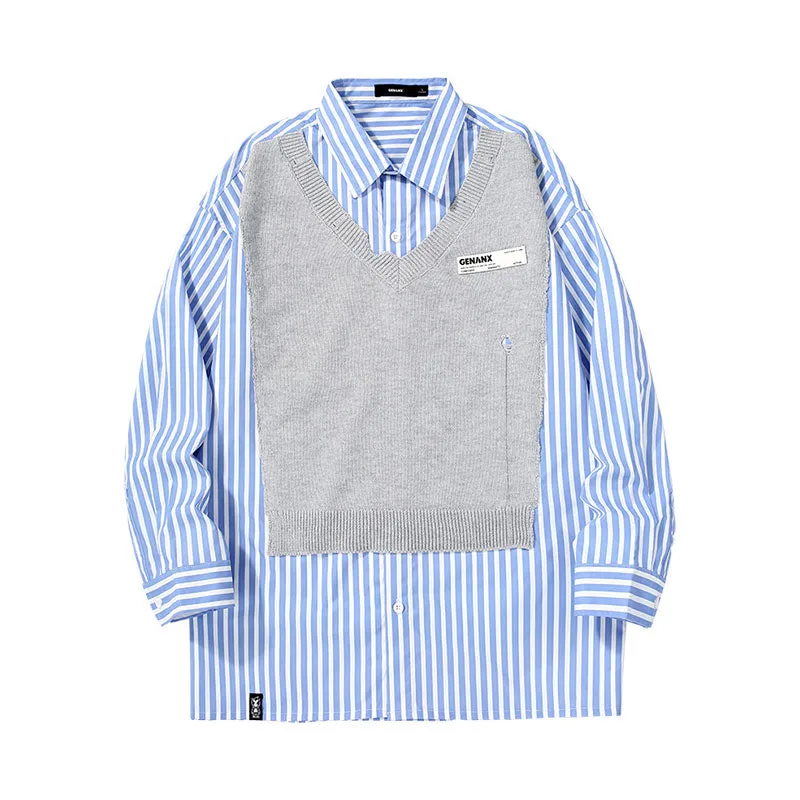 Mixed color blue and white striped ripped thread with printed sweater applique shirt