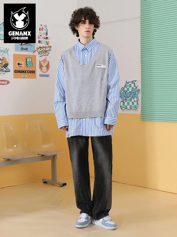 Mixed color blue and white striped ripped thread with printed sweater applique shirt