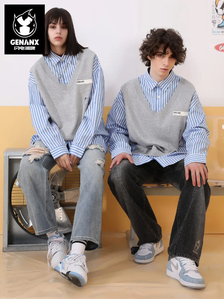 Mixed color blue and white striped ripped thread with printed sweater applique shirt