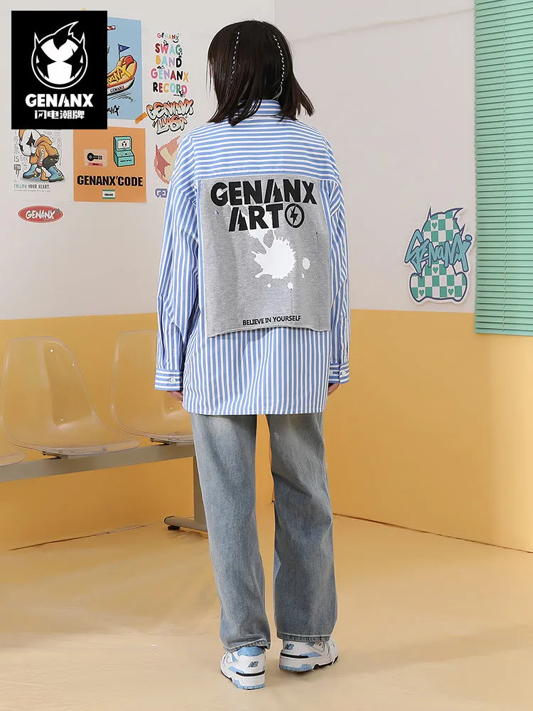 Mixed color blue and white striped ripped thread with printed sweater applique shirt