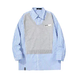 Mixed color blue and white striped ripped thread with printed sweater applique shirt