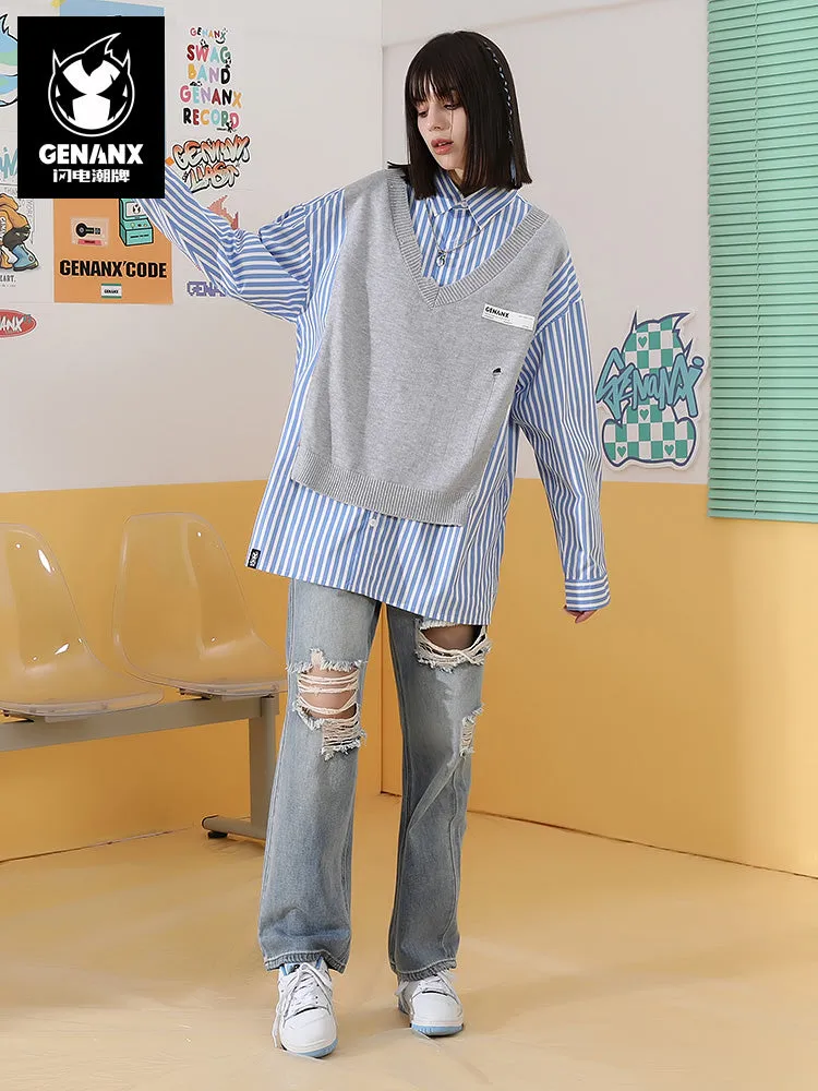 Mixed color blue and white striped ripped thread with printed sweater applique shirt