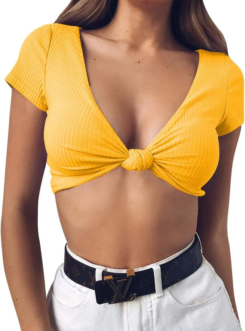 Mizoci Women's Sexy Knot Front Crop Top Deep V Neck Short Sleeve Basic Casual T Shirt