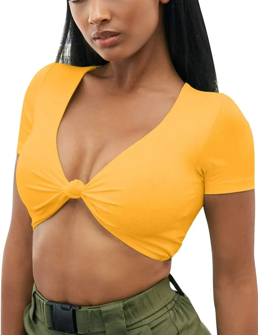 Mizoci Women's Sexy Knot Front Crop Top Deep V Neck Short Sleeve Basic Casual T Shirt