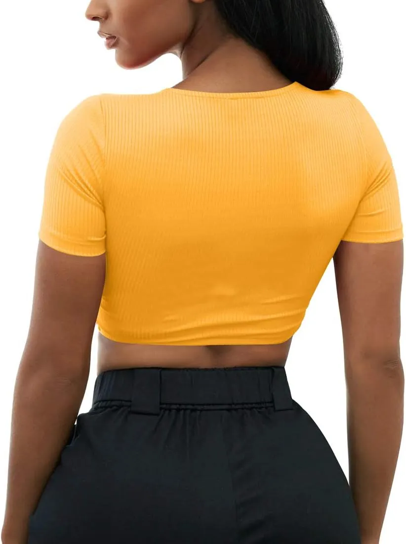 Mizoci Women's Sexy Knot Front Crop Top Deep V Neck Short Sleeve Basic Casual T Shirt