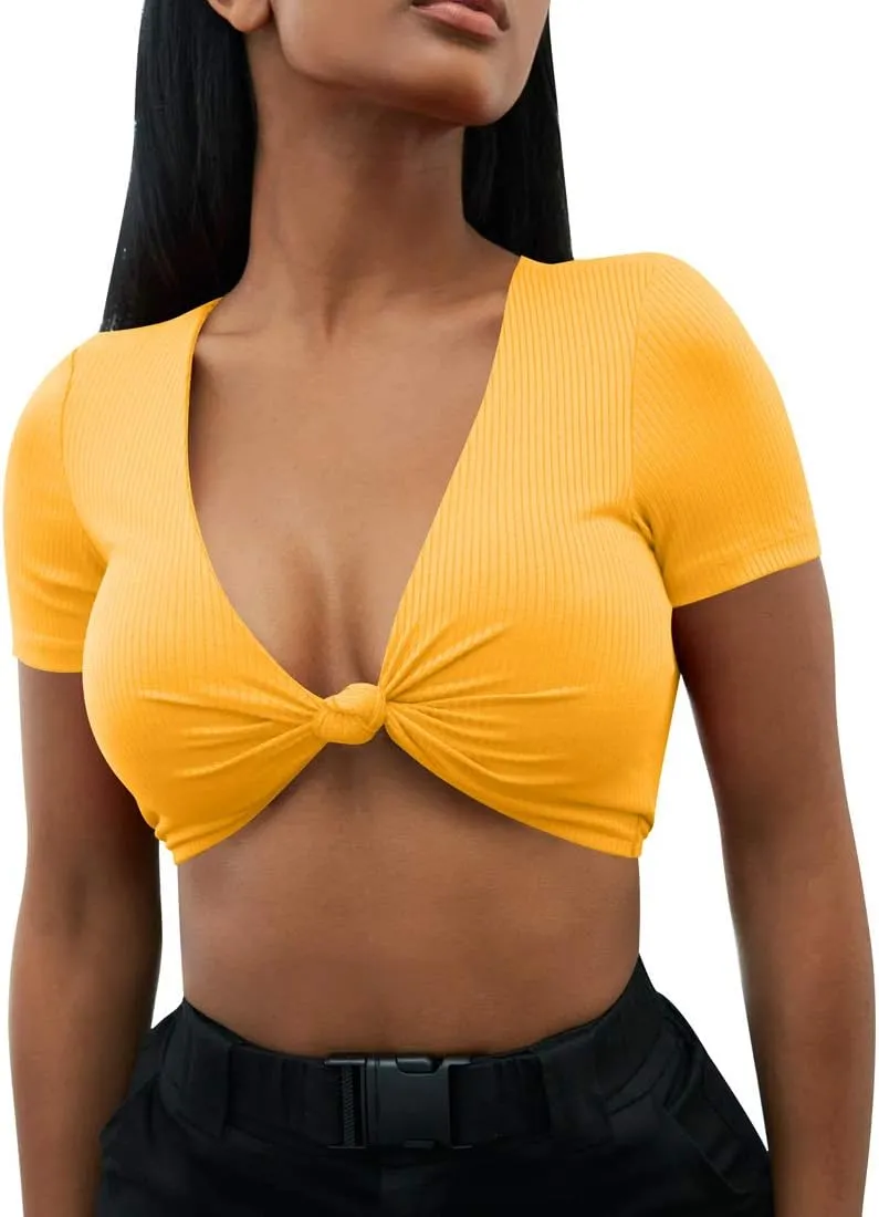Mizoci Women's Sexy Knot Front Crop Top Deep V Neck Short Sleeve Basic Casual T Shirt