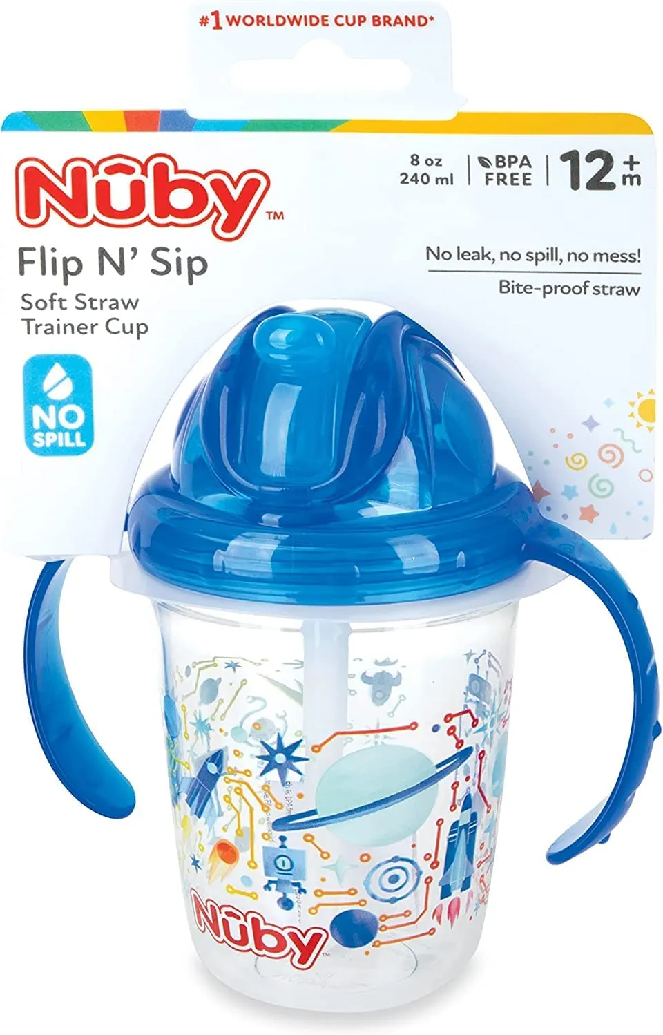 Nuby Tritan 2-Handle No-Spill Flip-it Fat Straw Printed Cup - 8oz/ 240 ml, 12  Months, prints: space
