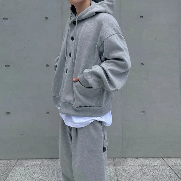OH Buttoned Hoodie and Pocket Details Sweatpants Set