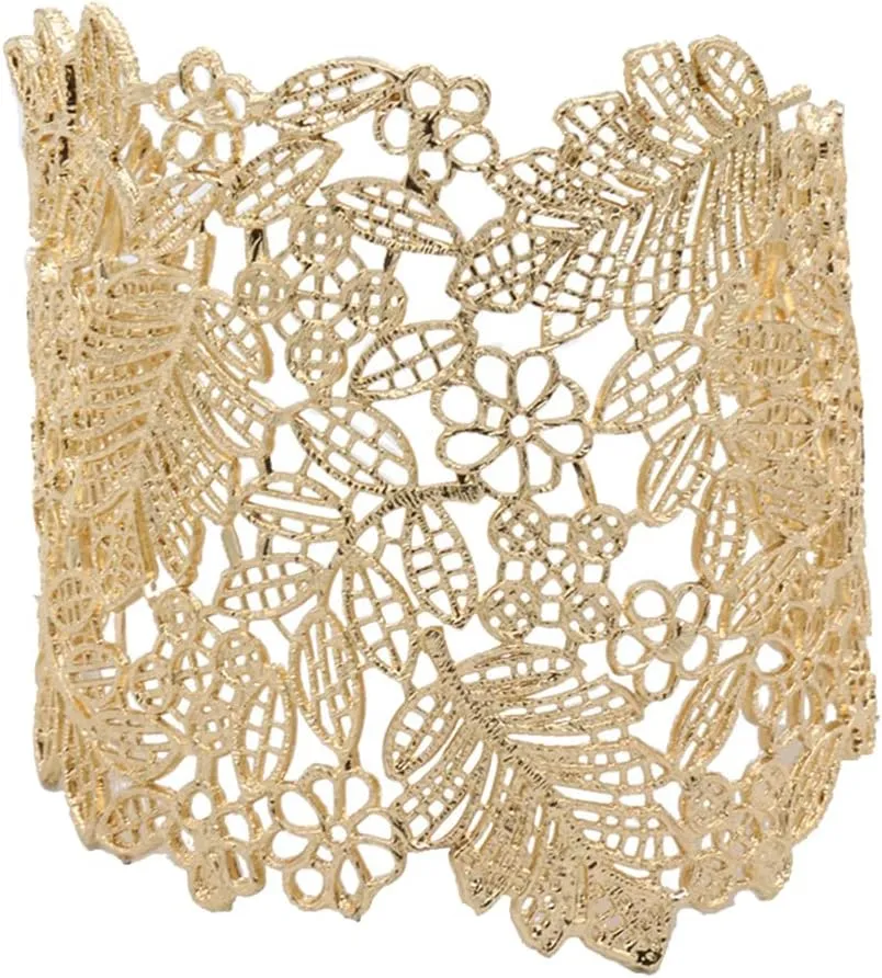 Open Bracelet Antique Leaf Flower Bracelet Metal Hollow Lace Bracelet Vintage Cuff Open Wide Big Bangle Women Waist Jewelry Metal Golden Trendy Wrist Chain