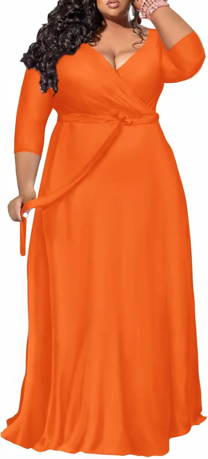 Plus Size Dress for Women - 3/4 Sleeve V-Neck Maxi Dress for Women with Belt and Pockets 2XL-6XL