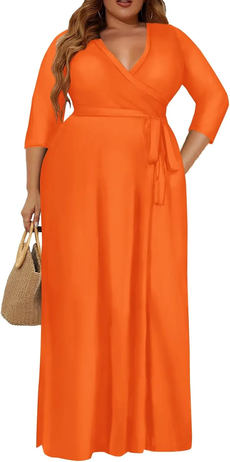Plus Size Dress for Women - 3/4 Sleeve V-Neck Maxi Dress for Women with Belt and Pockets 2XL-6XL