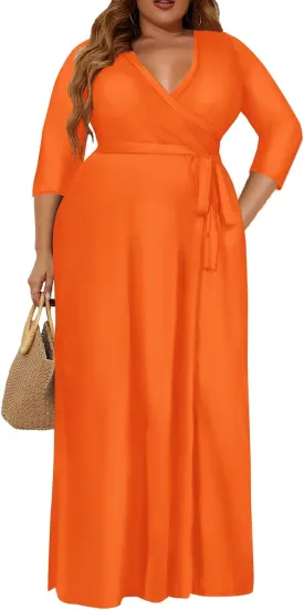 Plus Size Dress for Women - 3/4 Sleeve V-Neck Maxi Dress for Women with Belt and Pockets 2XL-6XL