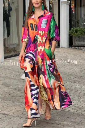 Prettiest Smile Cartoon Face Print Pocketed Shirt Maxi Dress