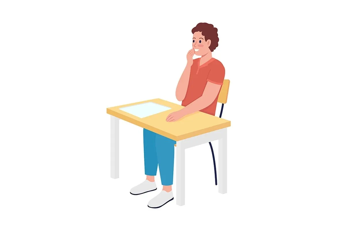 Pupils sitting at desks semi flat color vector characters set