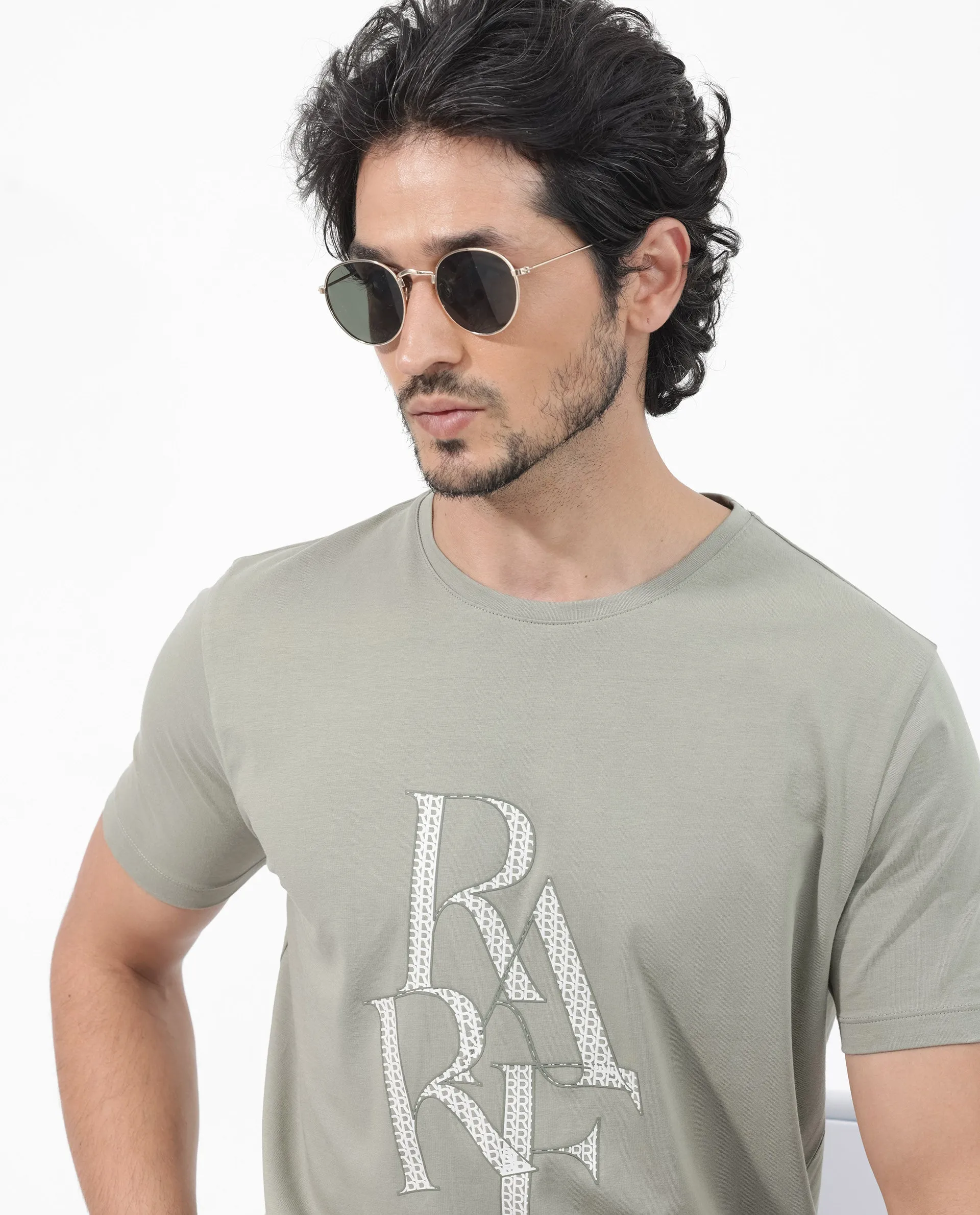 Rare Rabbit Articale Mens Perrin Dusky Green Cotton Polyester Fabric Short Sleeve Crew Neck Slim Fit Graphic Printed T-Shirt