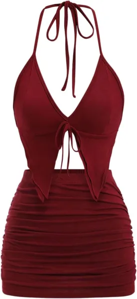 SHENHE Women's Y2k 2 Piece Sexy Outfits Backless Halter Crop Top and Ruched Bodycon Mini Skirt Set