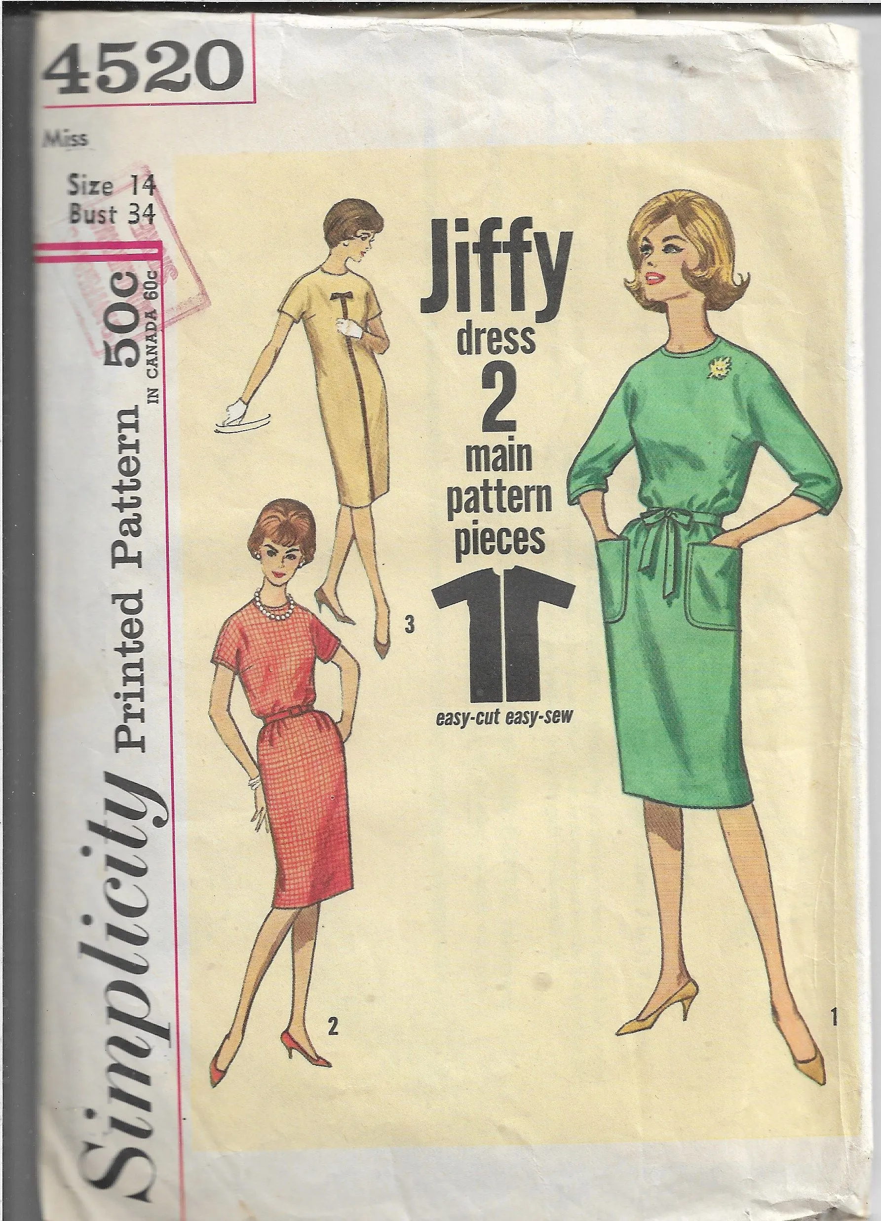Simplicity 4520 Vintage Sewing Pattern 1960s Ladies One Piece Dress