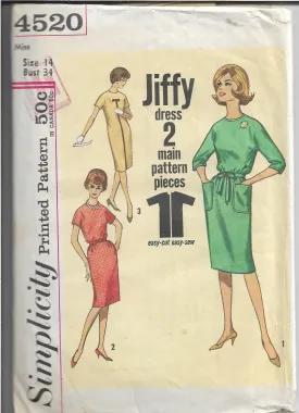 Simplicity 4520 Vintage Sewing Pattern 1960s Ladies One Piece Dress