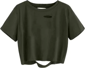 SOFIA'S CHOICE Women's Summer Casual Short Sleeve Tops Distressed Ripped Crop Top T Shirt