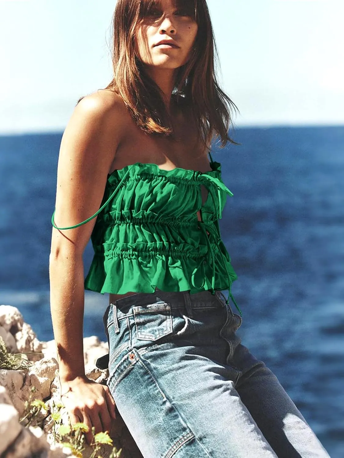 Tankaneo Womens Summer Tie Front Crop Tops Cute Ruffle Ruched Spaghetti Strap Tank Tops Y2K Going Out Shirts
